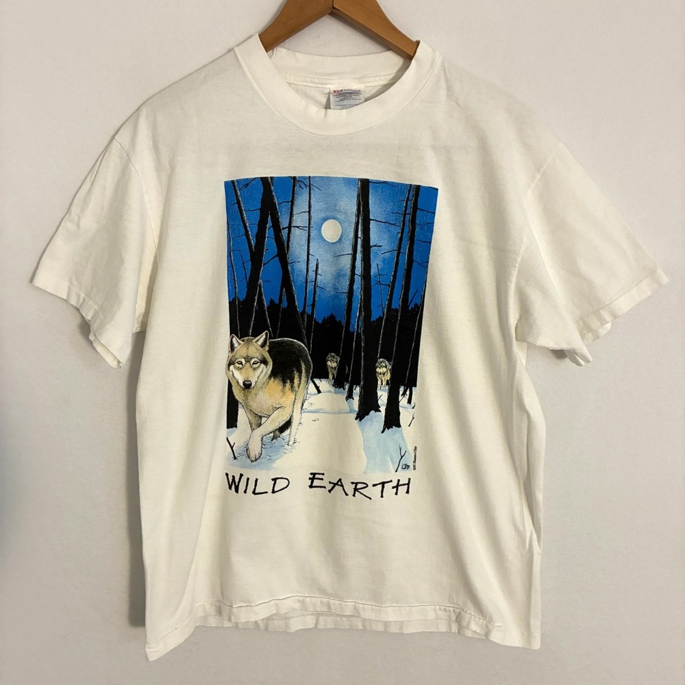 Vtg 90s Wild Earth Wolf USA Made Shirt Mens L Single Stitch Nature Graphic Tee